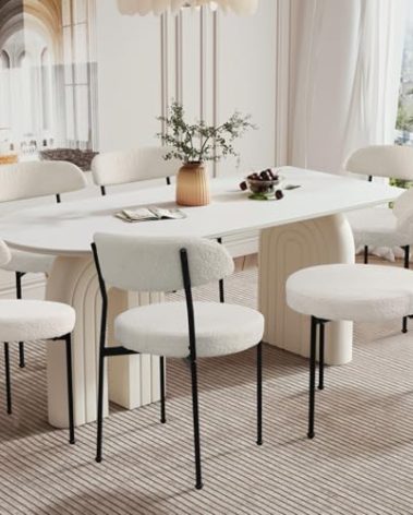 VICBARLEY Boucle Dining Chair Set of 6,Round Seat Upholstered Dining Chairs with Black Leg,Teddy Kitchen Dining Chair for Dining Room,Living Room(Beige)