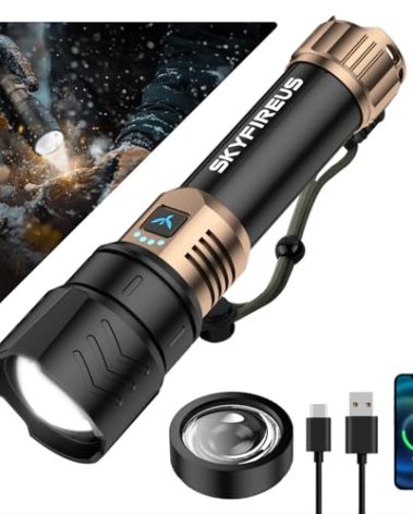 SKYFIRE LED Flashlights High Lumens with Ignition Lens,2000lm Super Bright Rechargeable Flashlight,Zoomable,Four Modes,Waterproof Tactical Flash Light for Camping Essentials,Outdoor,Home&Gifts