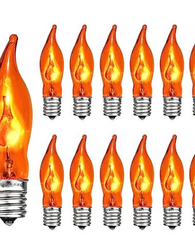 12 Pack C7 Orange Flame Light Bulbs Flickering Orange Light Bulb for Halloween Fall Decor for Home Fireplace Chandelier Electric Candles & Fall Halloween String Light Bulbs Replacement, E12 Base, 1W
