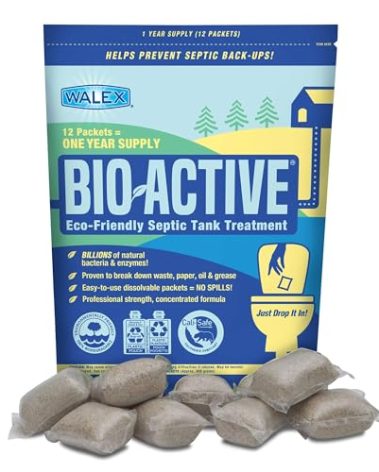 Walex Bio-Active Home Septic Tank Treatment - Strong Digestive Power with Beneficial Bacteria & Enzymes for Liquefying Solids & Breaking Down Waste, Odor Neutralizer -1 Year Supply, 12 Packets