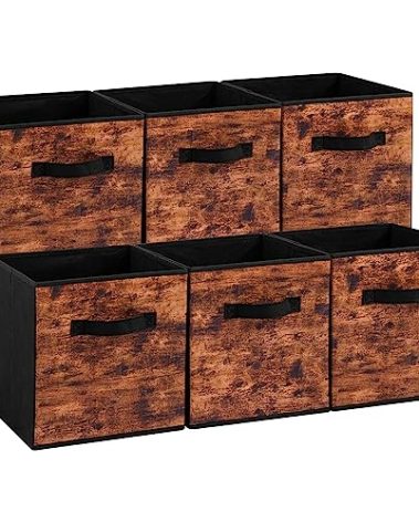 Stero Fabric Storage Cubes, 6 Pack Foldable Storage Bins with Handle, 11.8 Inch Box for Shelves, Closet, Organizer, Rustic Brown and Black
