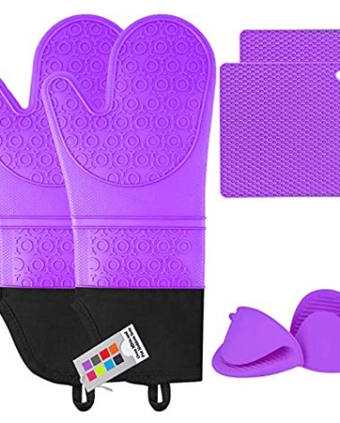 Silicone Oven Mitts and Pot Holders Sets, MTZRFLL Extra Long Heat Resistant Oven Gloves with Hot Pads and Mini Oven Mits Set for Kitchen Cooking Baking, Soft Quilted Lining, Pack of 6 (Purple)
