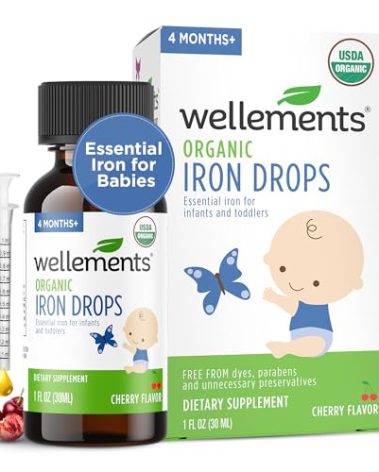 Wellements Organic Iron Drops for Newborn+ Babies (1 Fl Oz) - Cherry Flavor Liquid Iron Supplement for Infants - Toddler Iron Supplement for Kids (4months+ to 3 Years) - Supports Growth & Development*