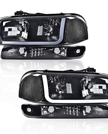 PIT66 LED DRL BAR Headlight Assembly Compatible with 1999-2007 GMC Sierra 1500/2001-2007 1500HD 2500HD 3500/ Fit 1999-2006 GMC Yukon, Smoky Lens Black Housing Clear Reflector Headlamps Accessories