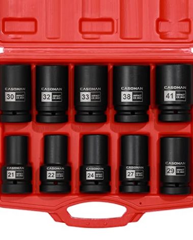 CASOMAN 10PCS 1-Inch Drive Deep Impact Socket Set, Metric, CR-MO, 21,22,24,27,29,30,32,33,38,41mm, Deep Spindle Axle Nut Impact Socket Set