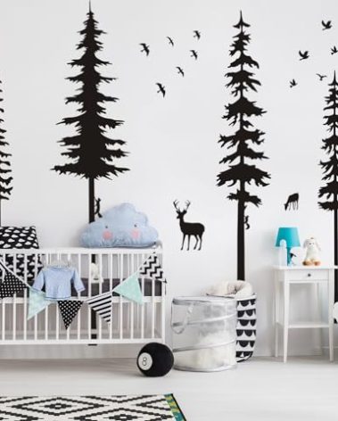 Pine Tree Wall Decals - Woodland Vinyl Stickers with Animal Wall Stickers - Squirrels & Deers - Kids Nursery & Living Room Decoration (Black)