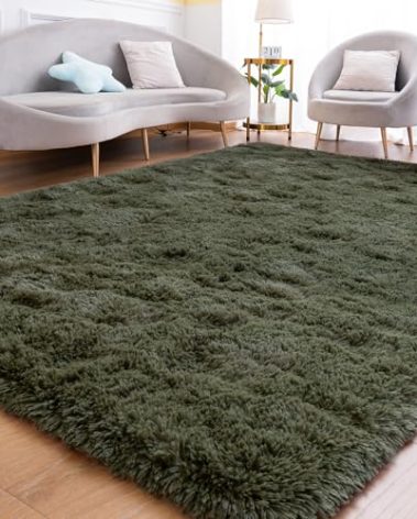 Goideal Fluffy Rug for Bedroom Living Room, 4x6 Olive Green Area Rugs, Faux Fur Shag Modern Carpet Ultra Soft Girls Boys Room Home Decor, Solid