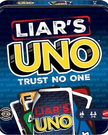 Mattel Games Liar’s UNO Card Game in Travel & Storage Tin for Adults, Kids, Families, Parties & Game Nights, Outwit Other Players with Bluffing & Trickery (Amazon Exclusive)
