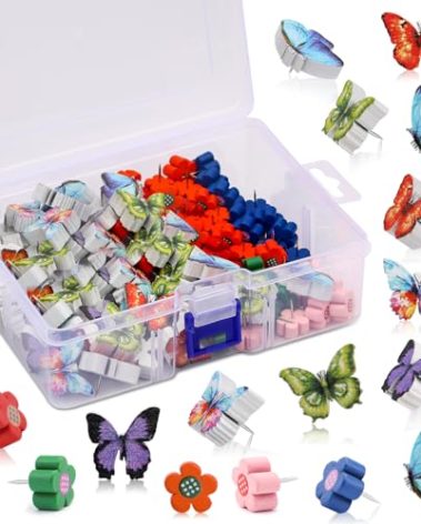80 Pcs Push Pins for Cork Board, Decorative Thumb Tacks Wooden Push Pins Head Pin Wood Map Tacks Pin, Wood Thumb Tacks for Bulletin Boards Craft Projects with Storage Box-Flower and Butterfly