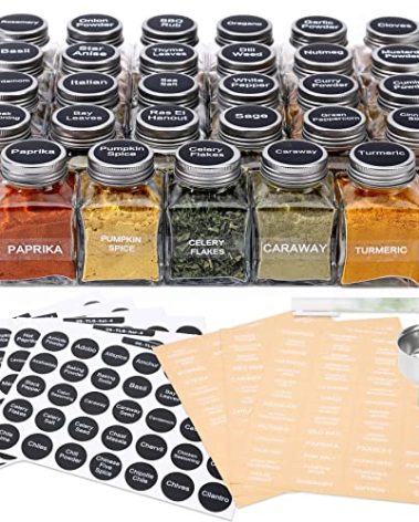 MIUKAA Unique Design Spice Jars with 372 Labels, 29-Pack 4.5 oz Personalized Cubic Clear Glass Spice Jars with Shakers, Lids, Empty Square Reusable Kitchen Storage Containers