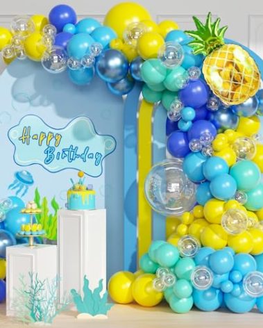 147pcs Cartoon Sponge Balloon Arch Kit - Birthday Decorations With Yellow, Blue, Clear, Metallic, Teal Balloons and Pineapple Balloon For Cartoon Birthday Party Baby Shower