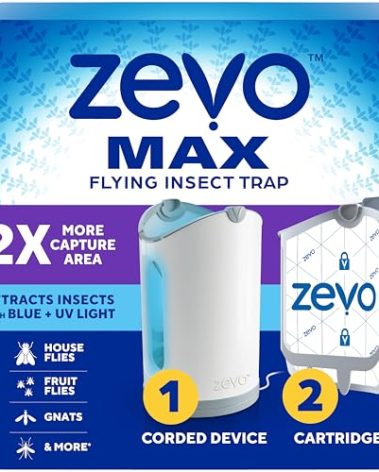Zevo MAX Bug Catcher & Fly Trap for Indoors - Flying Insect Trap for Gnats, House & Fruit Flies - Use in Any Room - No-Mess Disposal (1 Plug in Base & 2 Cartridges)