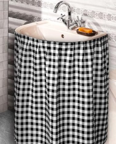 Windkream Fabric Sink Skirt Diamond Bathroom Stitch Self Stick Adhesive Waterproof Fabric Under Sink Curtain Skirt 55 x 32 Inch Adds Bathroom Storage(Black and White,Classic Style)