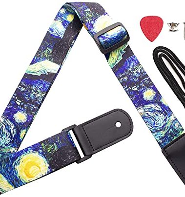 KINPHY Ukulele Strap - Van Gogh Starry Night Uke Shoulder Strap with Strap Button & Felt Guitar Pick for Soprano Concert Tenor Baritone Ukulele Mandolin Banjo (Blue)