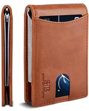 SERMAN BRANDS RFID Blocking Slim Bifold Genuine Leather Minimalist Front Pocket Wallets for Men with Money Clip Thin Gift (Dark Caramel 1.S)