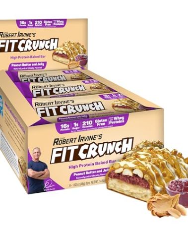 FITCRUNCH Snack Size Protein Bars, Designed by Robert Irvine, 6-Layer Baked Bar, 1g of Sugar, Gluten Free & Soft Cake Core (9 Bars, Peanut Butter and Jelly)
