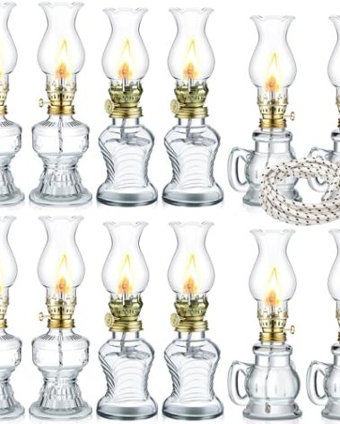 Yexiya 12 Set Vintage Glass Kerosene Lamp Rustic Oil Lamp Lantern Chamber Oil Clear Kerosene Hurricane with 6.6 ft Extra Wick for Indoor Use Lighting Decor Emergency (Retro Style)