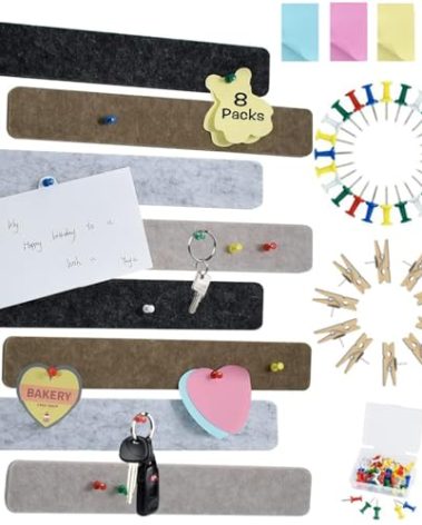 Vuzvuv 8 pcs Bulletin Board Bar Strips with 50 Pushpins & 10 Wooden Clip pins，Self Adhesive Cork Board for Wall，Felt Pin Board for School，Office Decor(Black Brown Gray)