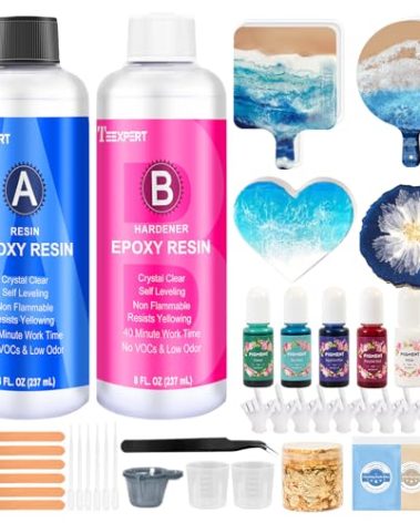 Teexpert Epoxy Resin Kit for Beginners, Resin Kit with Coaster Molds, Silicone Molds Kit, Pigments, Crystal Clear Art Resin, Casting & Coating for DIY Coasters 16 FL.OZ