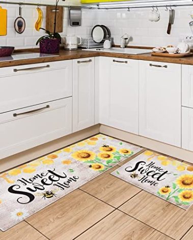 WERNNSAI Sunflower Kitchen Decor Rugs Set- 2 Piece Kitchen Mats Non-Slip Kitchen Backing Area Rugs Sweet Home Doormat Washable Waterproof Standing Mat for Indoor Outdoor Entry Floor (Sunflower A)