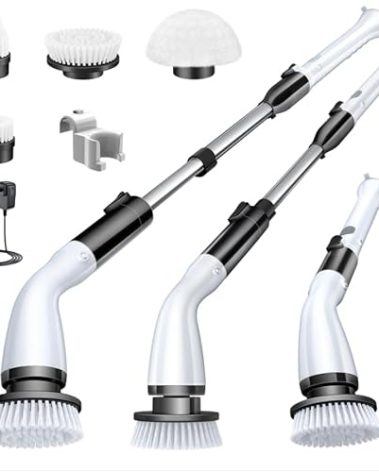 LABIGO Electric Spin Scrubber LA1 Pro, Cordless Spin Scrubber with 4 Replaceable Brush Heads and Adjustable Size Extension Handle Power Full Cleaning Brush for Bathroom Floor (Deep Black)