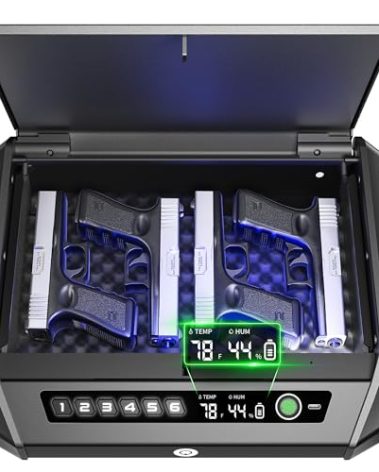 Gun Safe with LCD Display, ≤0.1s Quick Access Handgun Safe for 2-4 Pistols, Hand Gun Lock Box with Fingerprint | Keypad | and Keys for Home Drawer Bedside Nightstand TOPMEDA