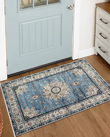 Lahome Oriental Floral Medallion Area Rug - 2x3 Blue Distressed Small Entryway Rug Printed Doormat Vintage Non-Slip Washable Low-Pile Carpet for Indoor Front Entrance Kitchen Bathroom