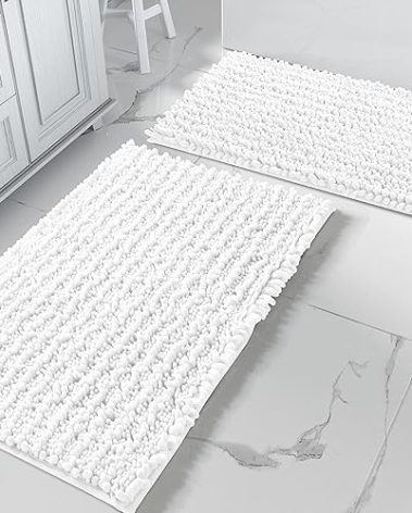Yimobra Bathroom Rugs Sets 2 Piece - Quick Dry Extra Thick Luxury Chenille Bath Mat, Non Slip Super Absorbent for Tub Shower Sink, Machine Washable Shaggy Floor Mat, 32"x20"+24"x17" Inch, White