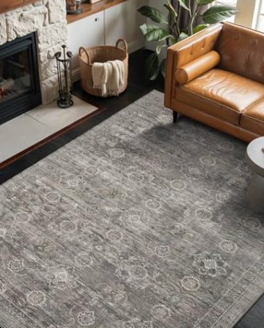 Rugxara 4x6 Rug for Living Room Bedroom, Grey Washable Throw Rugs, Vintage Retro Boho Area Rugs, Non Slip & Low Pile Accent Carpet for Indoor Dining Room, Kids Room and Office(Taupe/Grey 4x6ft)