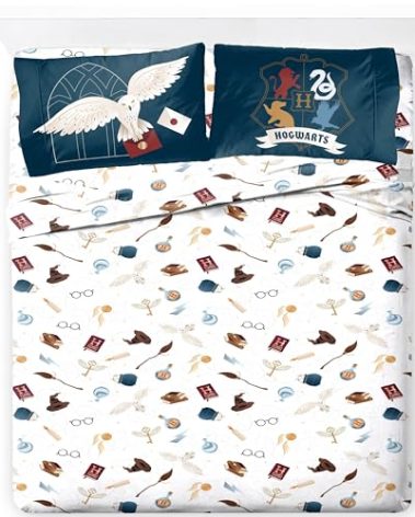 Jay Franco Kids Sheet Set with Fitted, Flat Sheets & Pillow Cover - Ultra-Soft Bedding with Pillowcase for Room Decor, Multi - Harry Potter, 4 Piece Queen