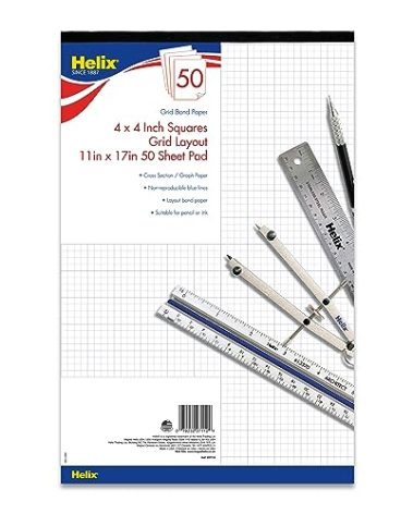 Helix - Bond Paper Pad - 1 Inch Equals 4x4 Grid - 11 Inch x 17 Inch - 50 Sheet Pad - Acid-Free - Drafting, Art, Sketching and Tracing