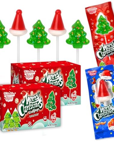 120 Pack Christmas Lollipops - Individually Wrapped Christmas Holiday Themed Hat And Tree Lollipops - Colorful Red & Green Designs & Delicious Flavor -Bulk Christmas Candy Use For Stocking Stuffers, Party Favor, Classroom & Office Treats, Candy Jar Fillers