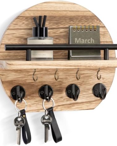 Nekon Key Holder for Wall - 9.8 Inch Apartment Wall Decor with Shelf and 8 Key Hooks, Circular Wood Key Hanger for Home Decor (Wood)