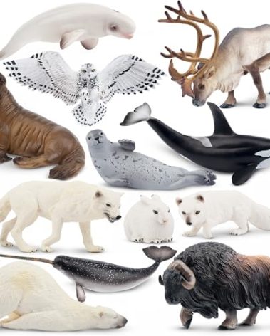 Toymany 12PCS 4-7" Large Polar Animals Figurines, Plastic Arctic Animal Toy Preschool Set Includes Polar Bear,Caribou,Whales,Walrus, Cake Toppers Christmas Birthday Toys Gift for Kids Toddlers