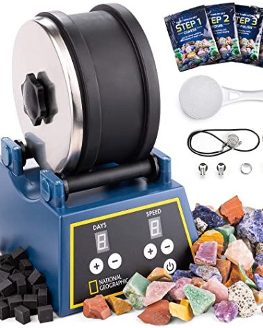 National Geographic Rock Tumbler Kit - 3 Lb. Extra Large Capacity Barrel with 3-Speed Motor & 9-Day Timer, Kit Includes Rocks for Tumbling and Rock Polisher Grit, Rock Tumbler for Adults and Kids