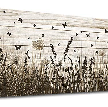 Wildflower Wall Art Autumn Canvas Picture Butterfly Grass Dandelion Artwork Vintage Wooden Board Painting Prints for Bedroom Living Room Office Home Kitchen Wall Decor Framed Ready to Hang 20" x 40"