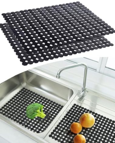 Kitchen Sink Mat Non-Slip Sink Protector,2 Pcs Adjustable Stainless Steel/Ceramic Sinks Protect Mats Fast Draining Mat Pad,Flexible PVC Dish Drying Mat for Dishes and Glassware(12.5x15.7in,Black)