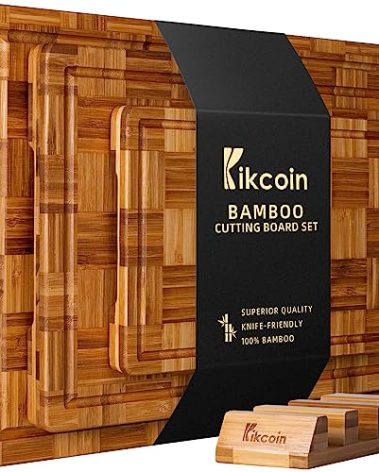 Kikcoin Extra Large Bamboo Cutting Boards, (Set of 3) Chopping Boards with Juice Groove Bamboo Wood Cutting Board Set Butcher Block for Kitchen, End Grain Serving Tray