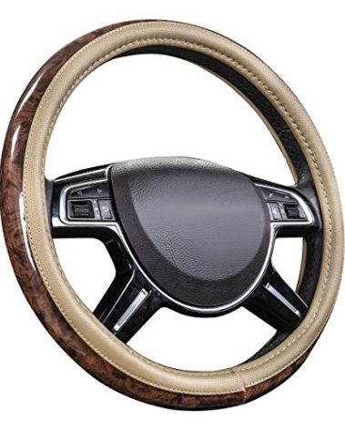 CAR PASS Wood Grain Microfiber Leather Steering Wheel Cover, Universal Fit for 14 1/2-15 inch Beige Steering Wheel, Anti-Slip Veins Design, Cars,Suvs,MiniVans, Sedans (Beige)