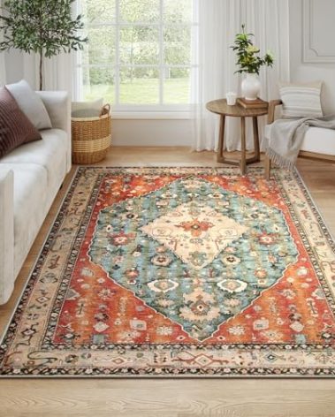 Lahome Boho Tribal 6x9 Area Rugs for Living Room, Washable Soft Rug for Bedroom, Oriental Dining Room Rugs for Under Table, Large Vintage Non Slip Carpet for Office Playroom (Rust/Dull Teal,6x9ft)