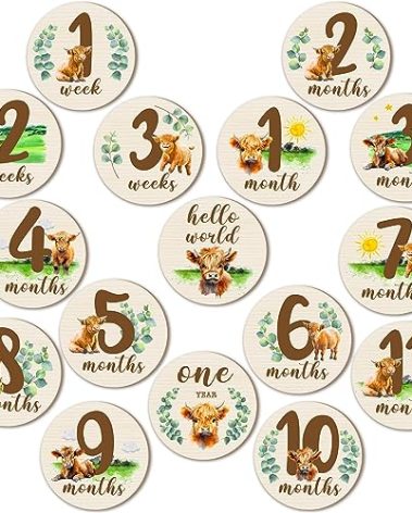 Highland Cow Wooden Baby Milestone Cards - Double Sided Monthly Milestone Markers for Baby Shower and Newborn Photo Props
