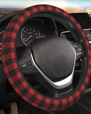 Red Buffalo Plaid Steering Wheel Cover for Men Women Auto Accessories Universal 15 Inch Anti-Slip Breathable Car Wheel Protector Covers