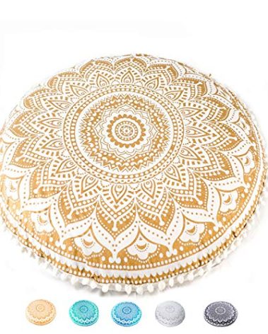 Mandala Life ART Bohemian Yoga Décor Floor Cushion Cover - Insert NOT Included - Round Mediation Pillow Case - Hand Printed Organic Cotton Pouf