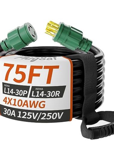 PlugSaf 75FT 30 Amp Generator Extension Cord 4 Prong, NEMA L14-30P/L14-30R 10 Gauge STW 125/250V Twist Lock Generator Cord Heavy Duty, Black ETL Listed