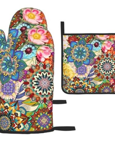 Boho Floral Oven Mitts and Pot Holders Sets of 3, Heat Resistant Non Slip Colorful Flowers Kitchen Gloves Hot Pads, Chef Cooking Baking Gifts for Women Bakers, Kitchen Gifts for Cooking Lover Cooks