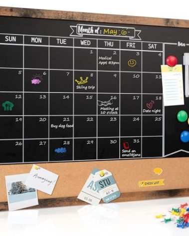 Board2by Monthly Chalkboard Calendar & Cork Board for Wall, 18" x 24" Magnetic Chalk Calendar Board Combo Board, Wall Mounted Combination Board Blackboard with Pens for Office, Kitchen, School, Home