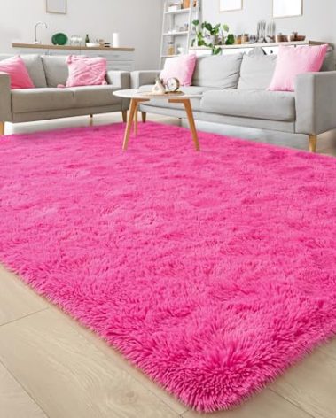 Keeko Fluffy Area Rugs for Bedroom Girls Room, 6x9 Cute Shag Fuzzy Large Kids Room Rugs Living Room Soft Furry Bedroom Carpet Indoor Bedside Rug for Teen Baby Nursery Dorm Decor Hot Pink