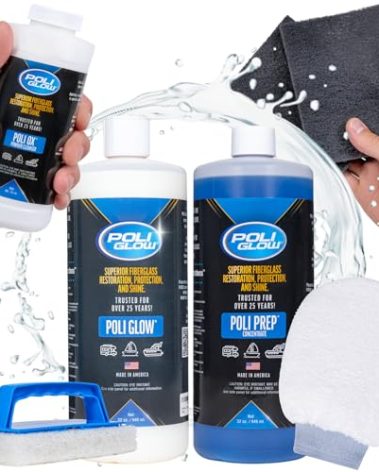 Poli Glow Deluxe Kit Fiberglass RV & Boat Cleaner - Complete Fiberglass Restorer for Boats and RVs - Eliminates Oxidation, Restores Shine & Protects - Easy to Apply, Long-Lasting - 6-in-1 Kit