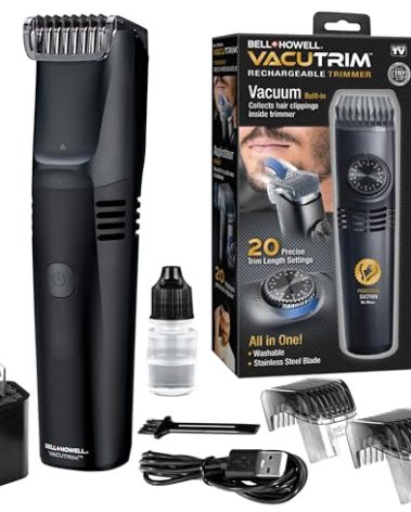 Vacutrim Cordless Mens Beard Trimmer, Rechargeable Electric Shaver with 20 Trim Setting Calibration Dial and Built-in Vacuum for Mustache, Sideburns. Facial Hair, Black, 7.5", As Seen On TV