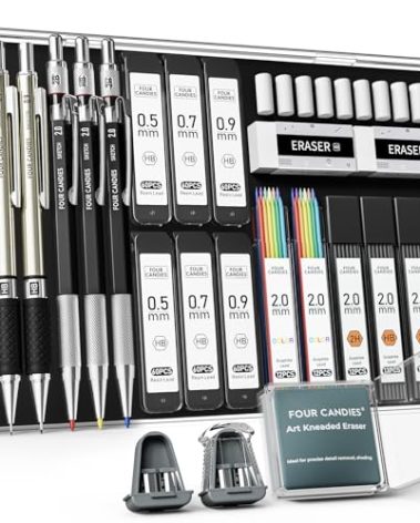 Four Candies 25PCS Art Mechanical Pencil Set with Case, 3PCS Metal Artist Lead Pencil 0.5, 0.7, 0.9 mm & 3PCS 2mm Holder (HB 2H 2B 4B Color) with 432PCS Graphite Lead Refills for Drawing Sketching